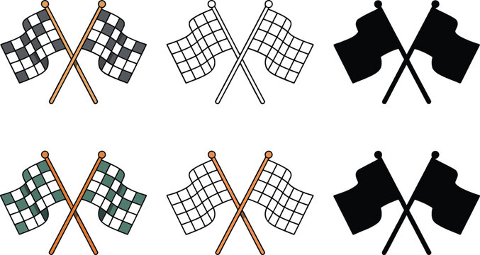 Crossed checkered flag silhouette & Outline and illustration set isolated on transparent background