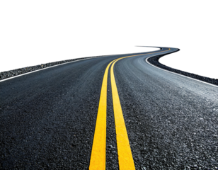 View of a winding asphalt road with yellow lines, set against a stark black background