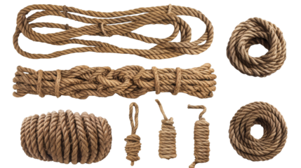 Set of thick brown ropes in various arrangements isolated on a white background