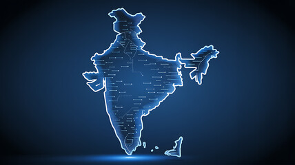 Digital technology map of india showing network connections and data flow across country