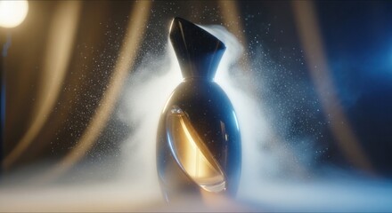 A luxury perfume bottle highlighted by dramatic lighting in a smoky atmosphere.