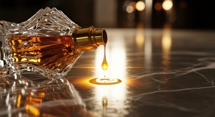 A precious golden liquid drop falls from a luxury perfume bottle onto a dark marble surface.