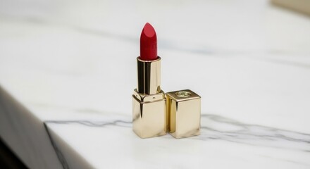 A vibrant red lipstick in a luxurious gold case sits elegantly on a clean marble background.