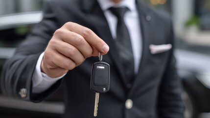 Professional driver in black suit holding car key close up