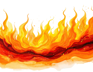 Watercolor depiction of flame with fiery oranges, yellows, and reds against a void
