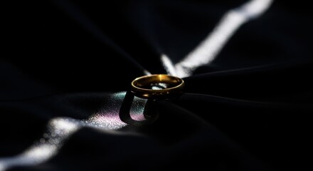 A luxurious gold ring resting on folded black fabric, highlighted by dramatic lighting.