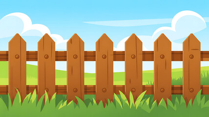 Fototapeta premium Cartoon fence with green grass and blue sky