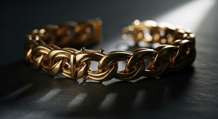 A gold bracelet with chain link design on a dark surface.