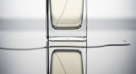 A perfume bottle sits with a liquid reflection on a white surface.