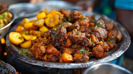 Close up of a metal platter filled with cooked potatoes and pieces of meat with green garnish on top