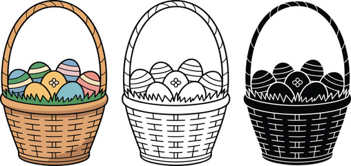 Easter basket filled with decorated eggs silhouette & Outline and illustration set isolated on transparent background