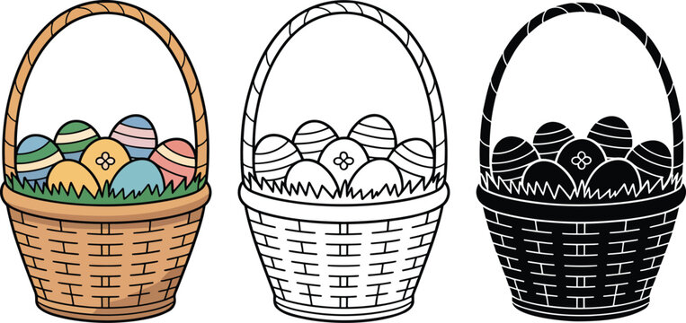 Easter basket filled with decorated eggs silhouette & Outline and illustration set isolated on transparent background
