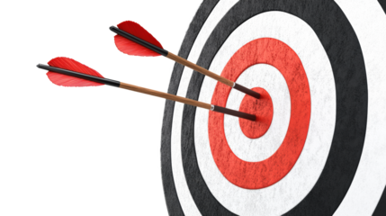 Two arrows are shot at a target, one of which is missing, isolated on a transparent background
