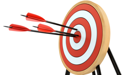 A red and white target with three arrows in it, isolated on a transparent background