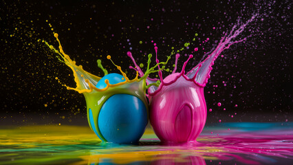 A dynamic and colorful stock photo of two eggs immersed in powerful splashes of thick blue and bright pink paint. Droplets and streams fly apart, creating a crown effect and a sense of frozen motion. 