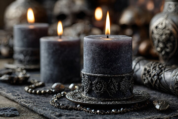 Witchcraft altar selective focus to details of candles light and magic tools or items. Halloween and occult black magic ritual. Magic practice symbolism. Ritual scene in dark frightening atmosphere.