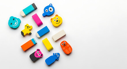 A scattered assortment of colorful erasers including animal shapes and rectangular blocks on a white surface