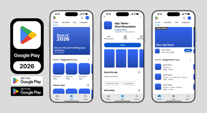 Google Play Store 2026 mobile interface showing app discovery home screen featured collections search categories app detail pages install buttons ratings reviews data safety sections Android.
