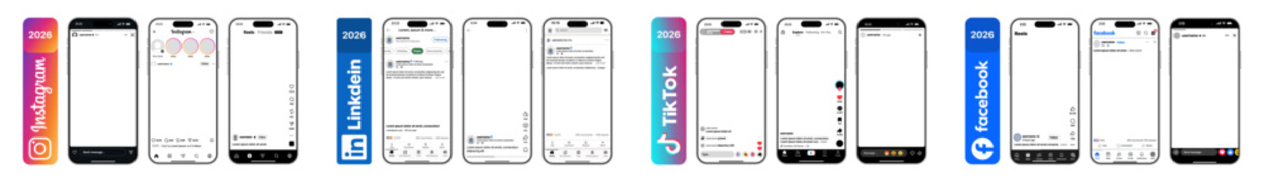 Instagram LinkedIn TikTok Facebook 2026 mobile application interfaces showcasing profiles feeds posts stories reels messaging notifications and modern social media workflows