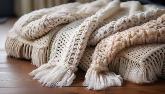 Gestrickte Decke Mit Weissen Fransen Kuschelige Winterdecke Detailansicht Handarbeit