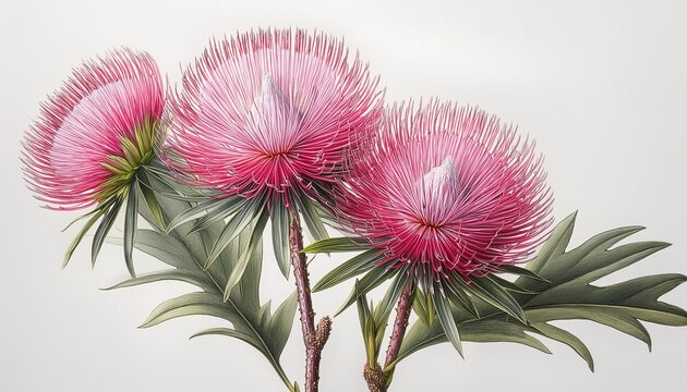 Flowers Hakea Sea Urchin Pink Flowers Clustered On Upright Stem With Grey Green Leaves Single Isolated In Portrait Format Pencil Drawing