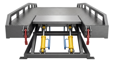 Hydraulic loading ramp featuring built-in lift and safety latches.