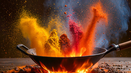 A dynamic and high-quality shot of a black wok pan on fire with a spectacular explosion of vibrant, colorful spices (yellow, orange, red, and blue). The powders form clouds of dust over the flames aga