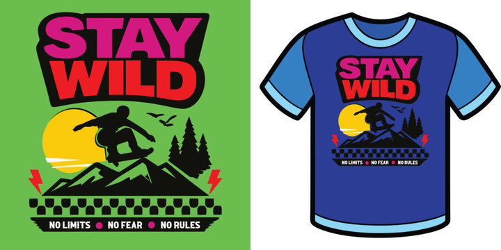 Stay Wild Skateboarding Graphic with Mountain Silhouette, Yellow Sun, Lightning Bolts, Trees, Birds, Checkerboard Pattern, No Limits, No Fear