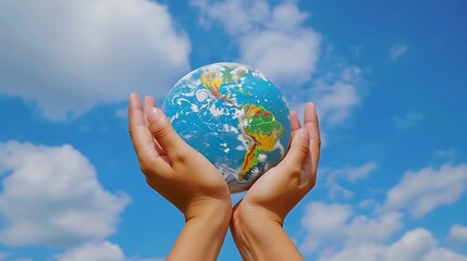 Hands holding a globe against a blue sky with clouds symbolizing environmental awareness and global care