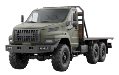 Tandem axle forest transport truck with dual rear wheels.