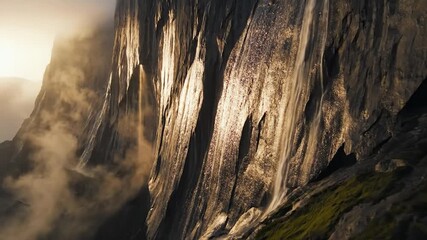 Majestic cliff face with dramatic lighting and misty atmosphere