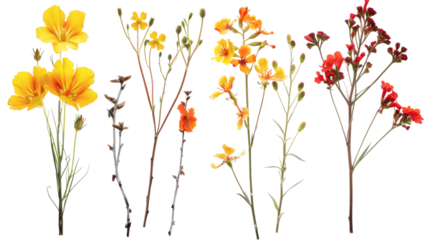 Set of twig yellow orange and red flowers isolated on white background