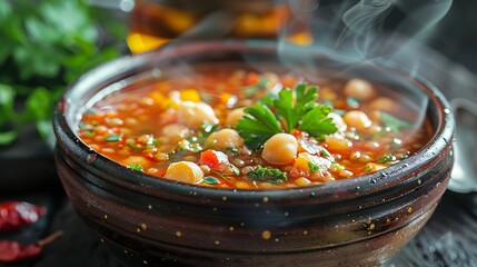 A close up of a bowl of steaming chickpea soup with herbs and vegetables on a dark surface