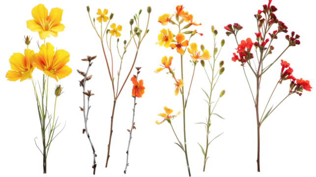 Set of twig yellow orange and red flowers isolated on white background - Powered by Adobe