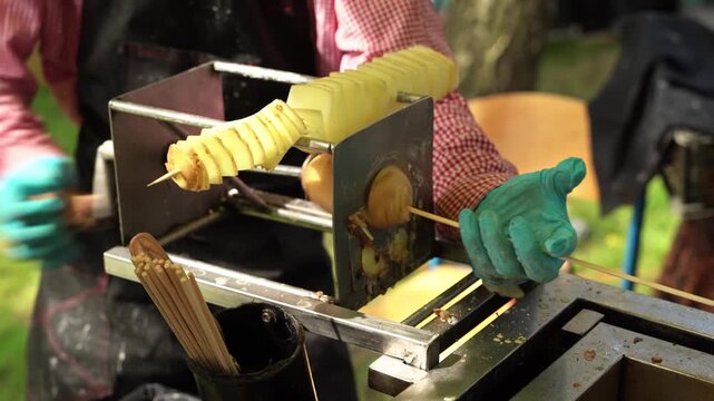 Cooking twisted potatoes on a stick in a street food stall at a fair