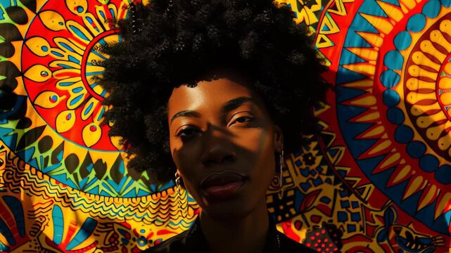 Vibrant afrocentric expression against colorful geometric tapestry background