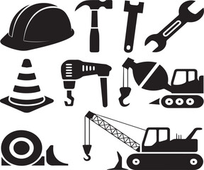 Black construction equipment and tools icons on white background hard hat hammer