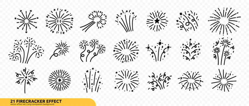 Doodle Сonfetti Firecracker Isolated Icon Kit. Hand Drawn Celebrate Firework Element Bundle in Transparent Background. Line Vector Png Element Set