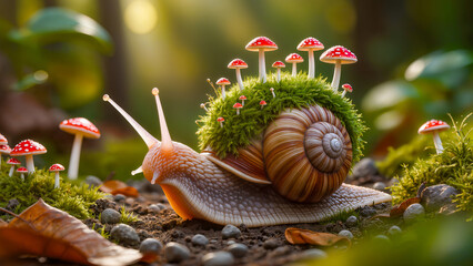A whimsical macro shot of a snail in an enchanted forest. Its shell features a miniature ecosystem with green moss and red mushrooms. Soft sunbeams and bokeh background. High-quality realistic stock i