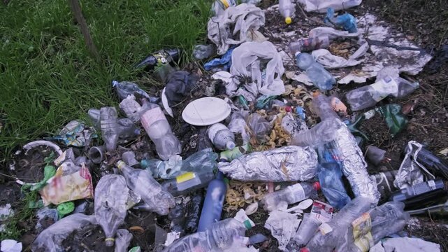 Assorted household refuse and non-biodegradable waste accumulate on the forest floor. This static shot captures the texture of pollution comprising glass, plastic, and aluminum foil on the ground.