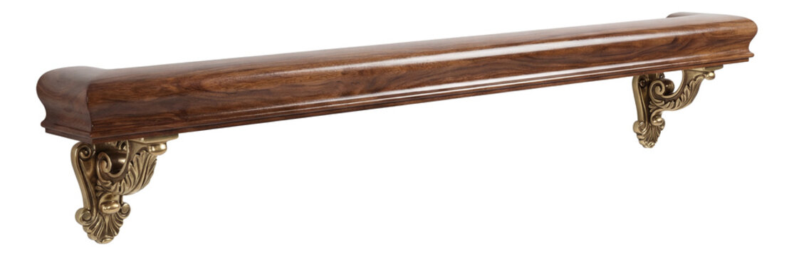 Varnished wooden handrail with decorative end brackets.