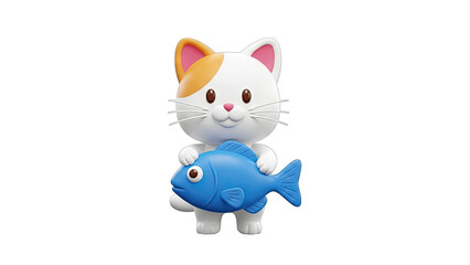 Obraz premium Cute Cat Holding Fish on White Background