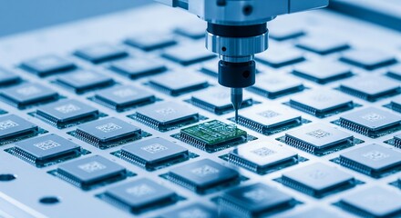 Automated robotic arm precisely placing a microchip onto a circuit board, symbolizing advanced technology in electronic manufacturing and assembly processes