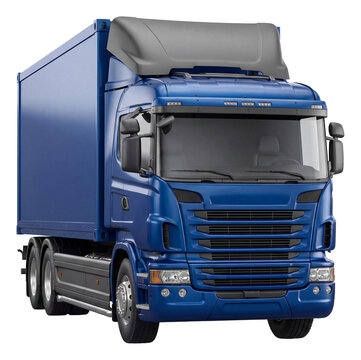 Sleeper cab container truck with roof air deflector and side skirts.