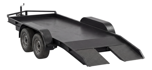 Tandem axle car trailer with dovetail and slide-in ramps.