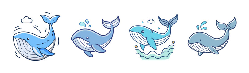 Obraz premium Whale Illustrations, Cute Cartoon Blue Whales, Ocean Animals, Sea Creatures, Whimsical Art
