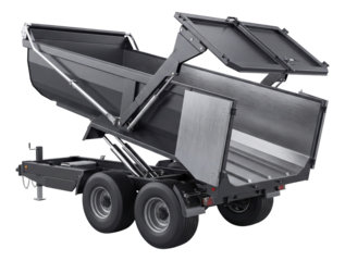 Tandem axle dump trailer featuring hydraulic lift and rear barn doors.