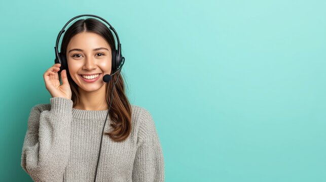 Call center, young woman and smile in contact us with CRM, headset with mic and mockup space. Customer service consultant, happy female and telemarketing with sales and help desk.