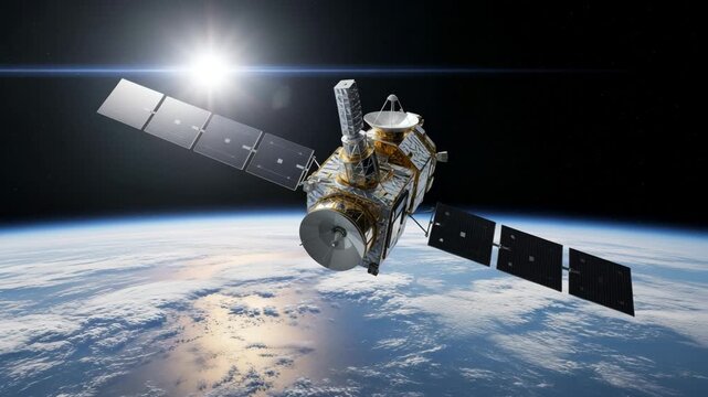 Satellite orbiting Earth with solar panels extended and antennae transmitting data in space Ai HD high quality video.