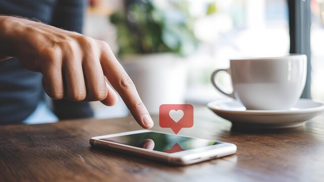 Person liking social media post on smartphone in cozy cafe setting - Powered by Adobe